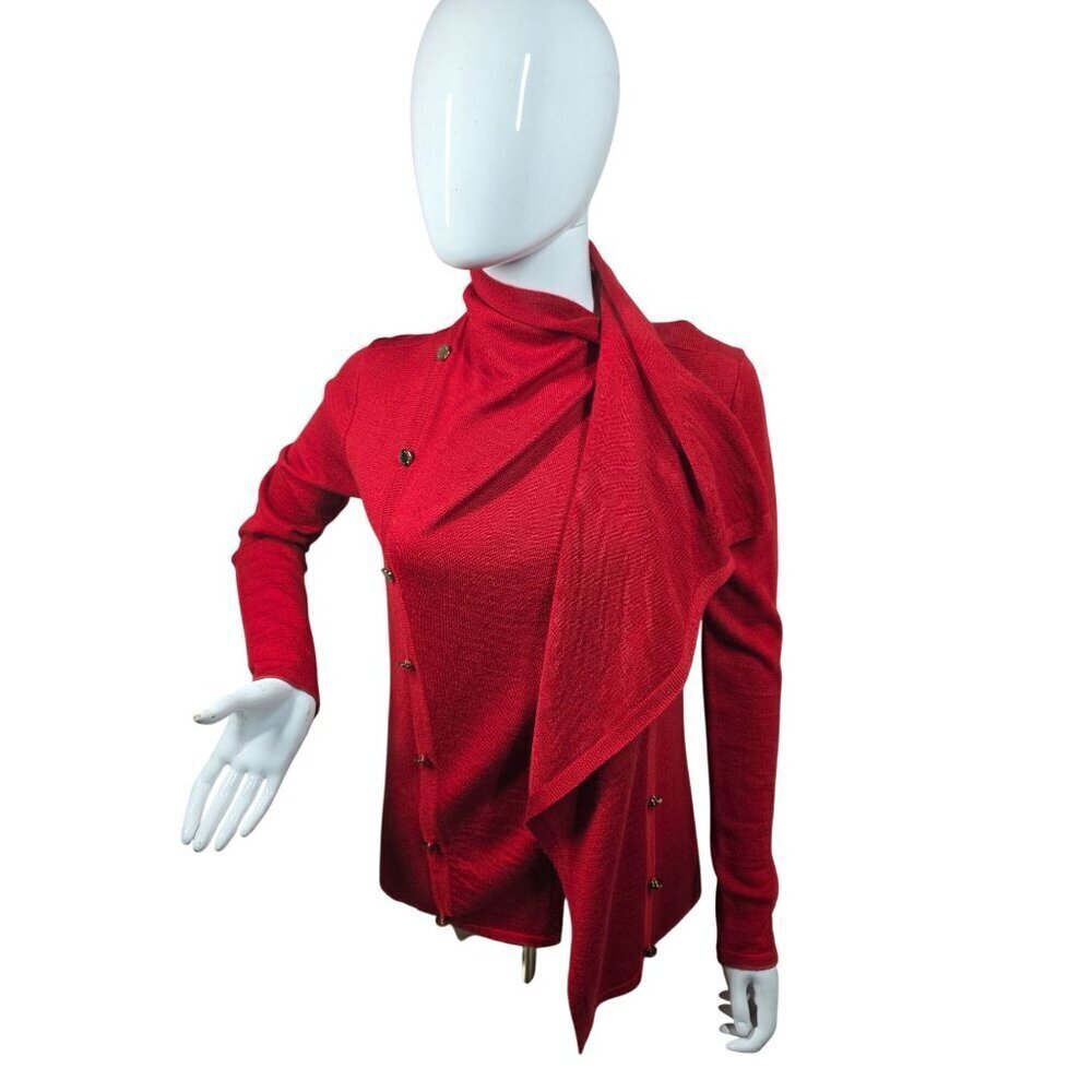 Calvin Klein Red Wool Knit Cardigan Wrap Sweater Women Sz S Decorative Gold Btns - Picture 7 of 13